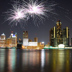 The city of Detroit, Michigan, at night, fire works